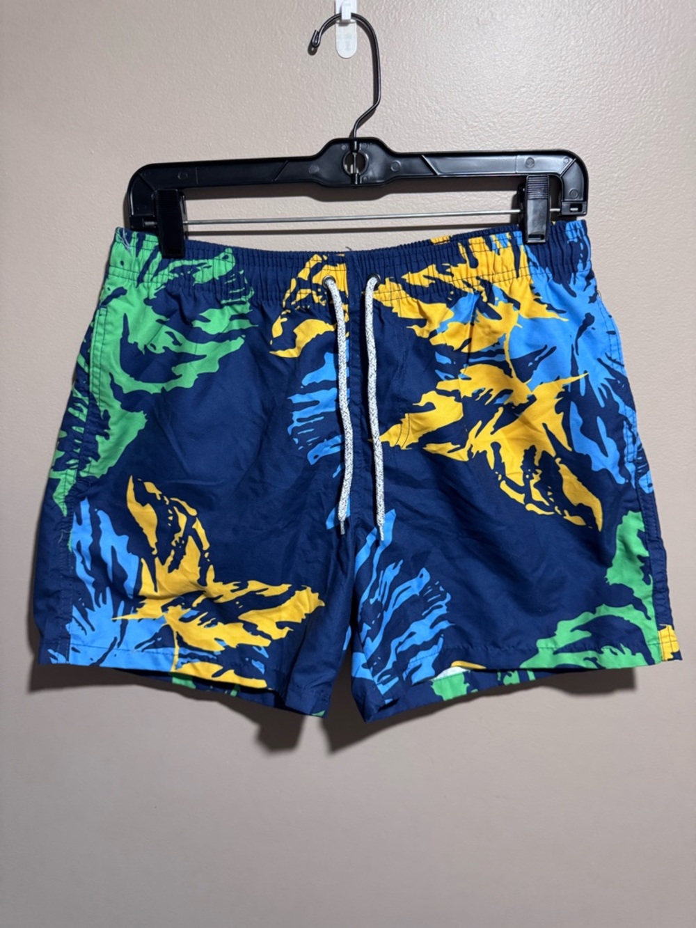Men's Navy Tropical Print Swim Trunks Large